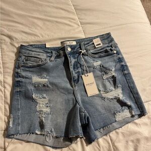 Judy Blue High Waist Distressed Light Blue Denim Shorts